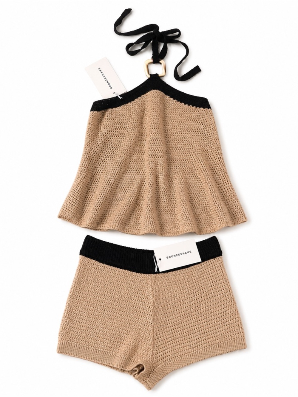 BronzeSnake Knit Halter Top & Shorts Set in Tan with Black Trim